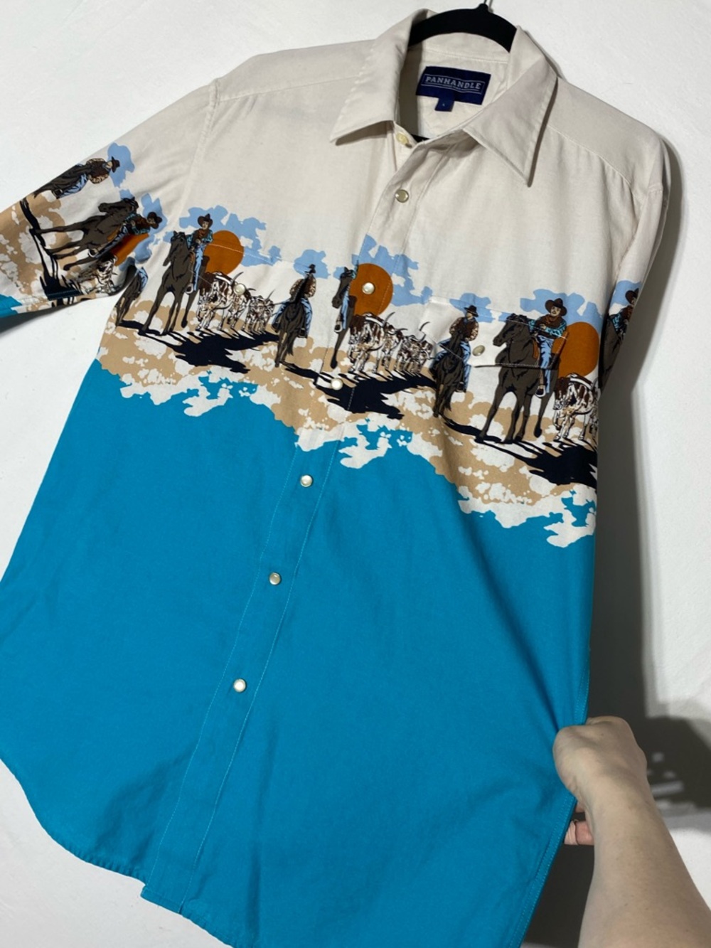 Vintage 90s Panhandle Slim Cowboy Border Print Pearl Snap Western Shirt L - Picture 6 of 14